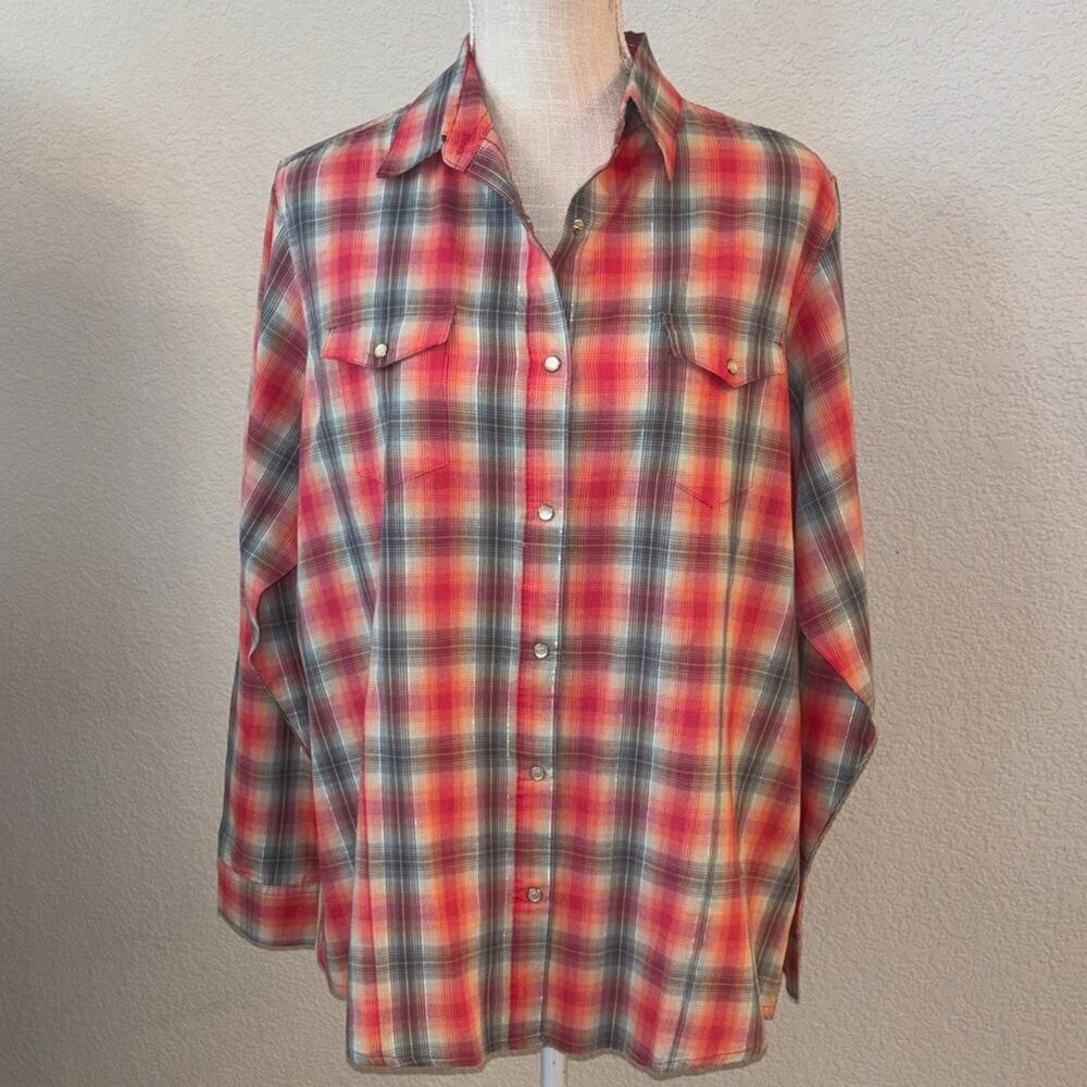 Wrancher by Wrangler Women’s Red Grey Plaid Button-Up Shirt Western Cabincore XL